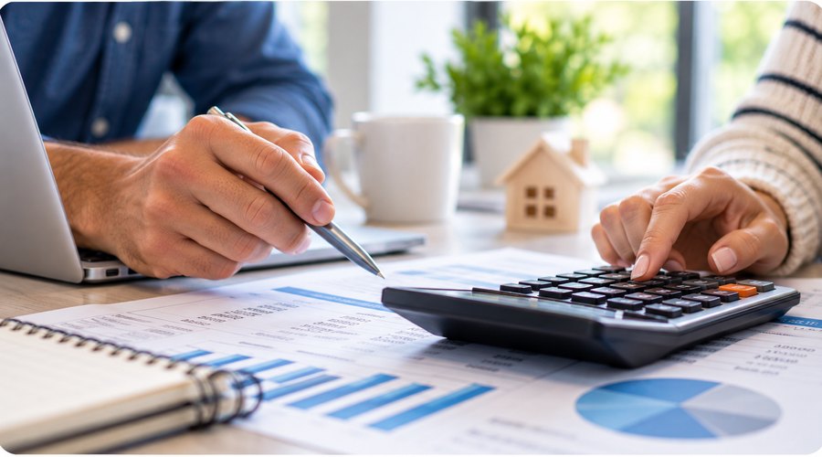 Calculator, financial charts and planning documents on a desk
