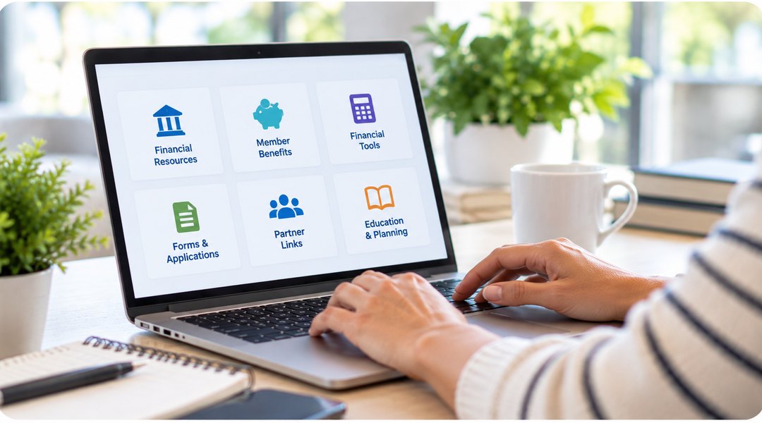 Member accessing online financial resources and useful links on a laptop