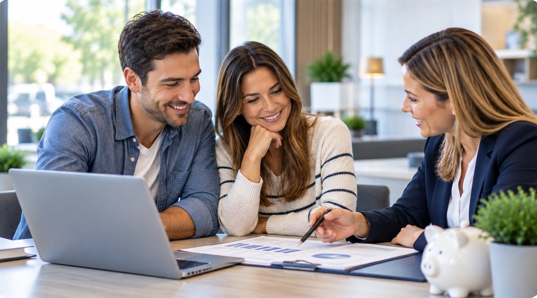 Young couple reviewing savings and loan rates with a credit union advisor